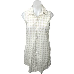Saks Fifth Avenue White Tan Linen Checkered Button Up Sleeveless Shirt Dress S